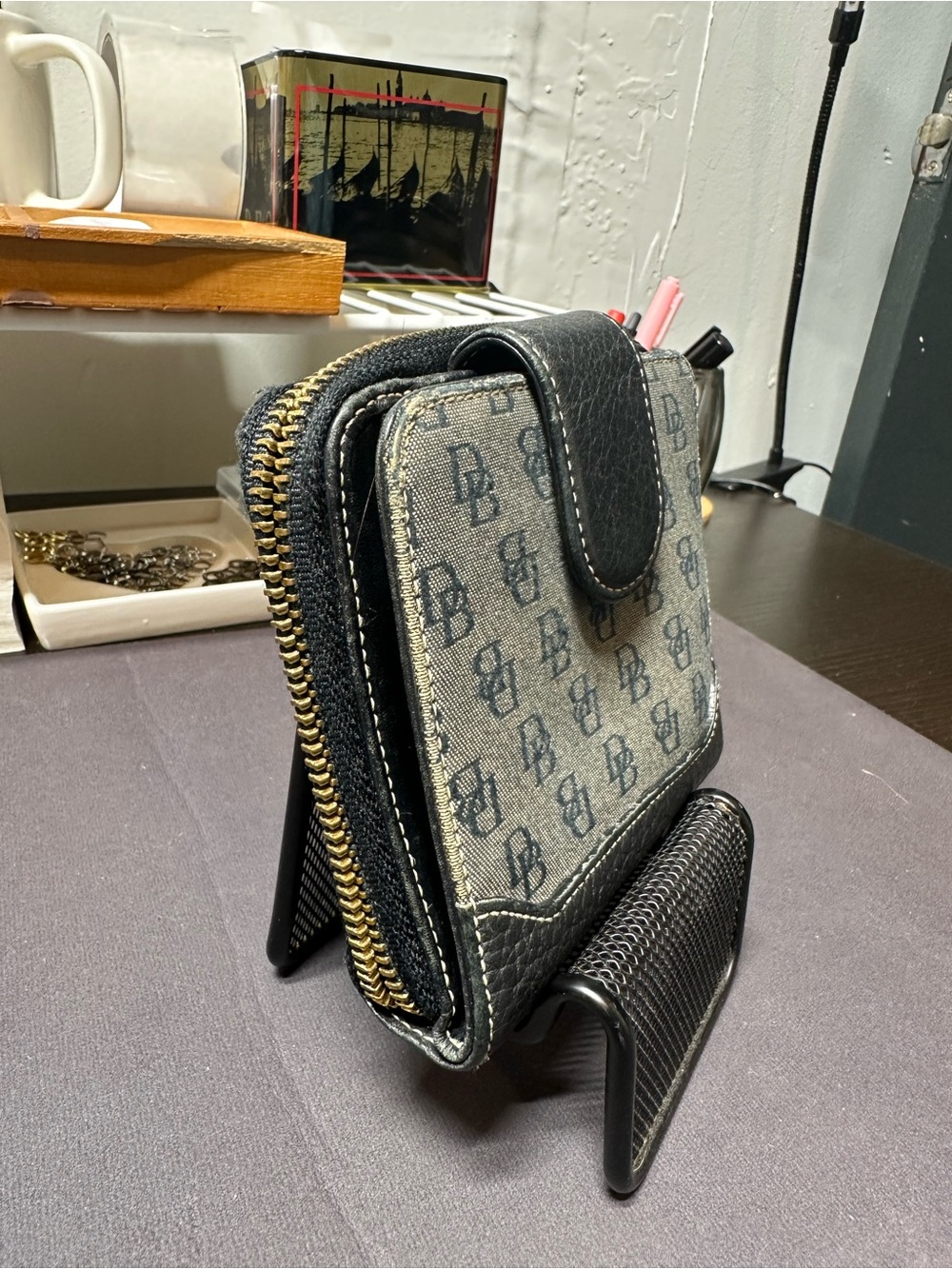 Dooney & Bourke Gray and Black DB Logo Zip Around Wallet - Picture 7 of 9
